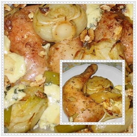 recette de poulet rôti accompagné d'une garniture de fenouil au Roquefort et aux Noix