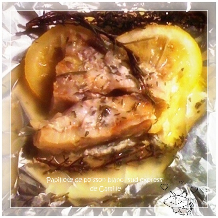 Recette de poisson blnc en papillote cuite au four, avec de l'huile d'olive de Sicile, du thym sauvage, du citron bio et de la fleur de sel