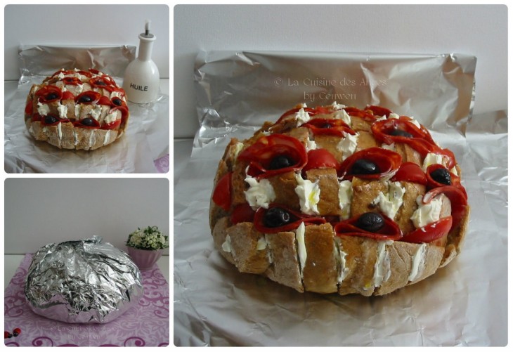 Recette pour l'apéritif, blooming bread garni de chorizo, tomates, olives, pesto et fromage de chèvre