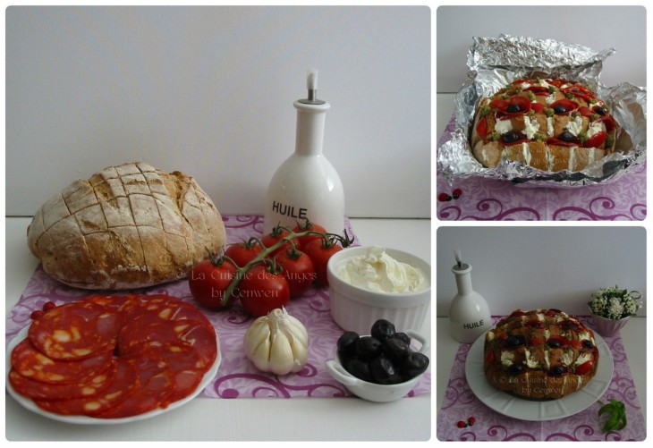 Recette de Blooming bread pour l'apéritif, chorizo, olives, tomates, pesto, ail