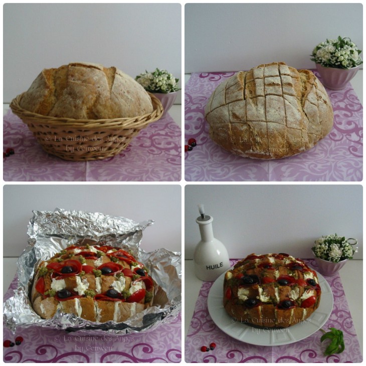 Recette de blooming bread garni de fromage de chèvre, pesto, tomates, olives et chorizo