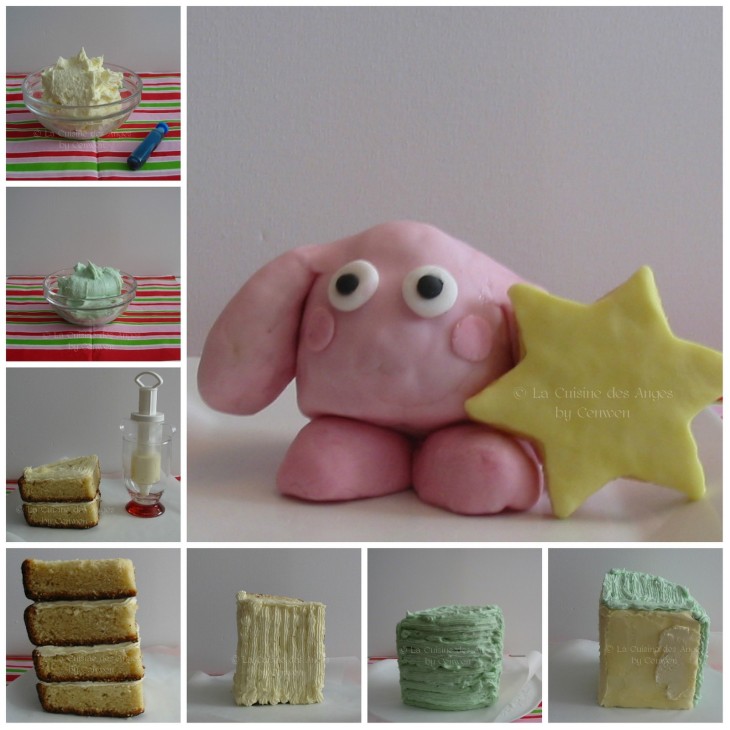 Etapes de la décoration du gâteau Kirby, base gâteau au yaourt, décoration crème au beurre