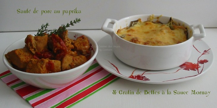 recette de plat, viande et légumes, sauté de porc au paprika et à la tomate, gratin de bettes sauce mornay