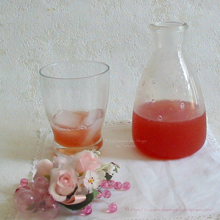 sirop de rhubarbe à la rose et au citron vert, fait maison, à diluer dans de l'eau