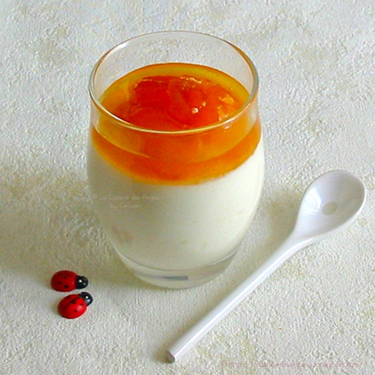 recette de dessert, blanc manger au fromage blanc avec du sucre et de la vanille, accompagné de confiture d'abricots