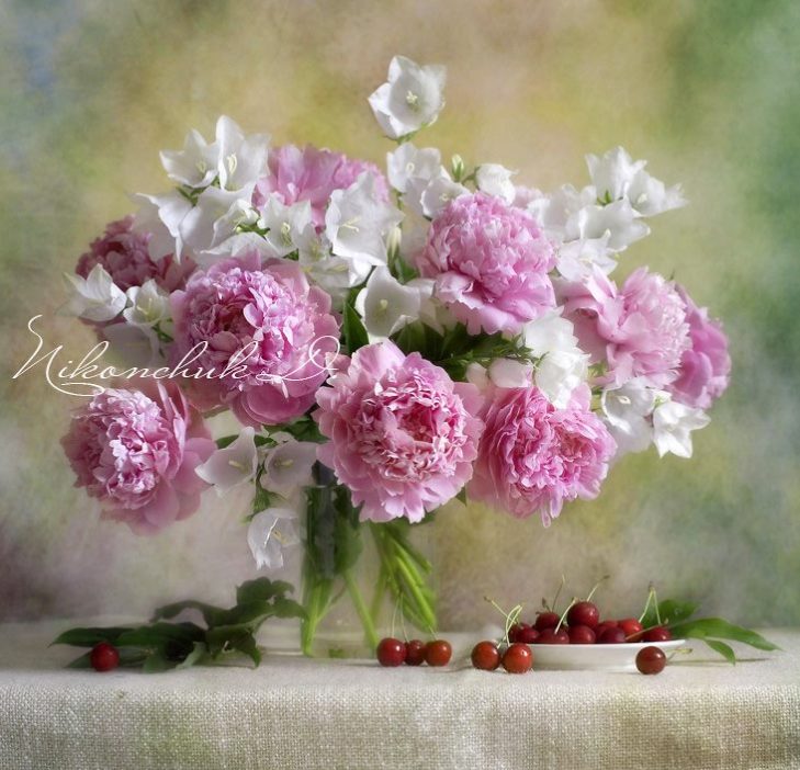 bouquet de pivoines roses et de fleurs blanches, 