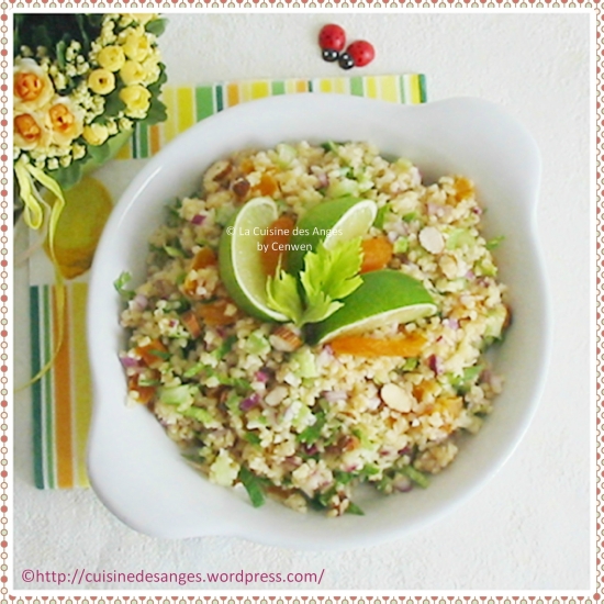 Recette facile et économique de salade composée, salade de boulgour au céleri et citron vert, avec des amandes et des abricots secs