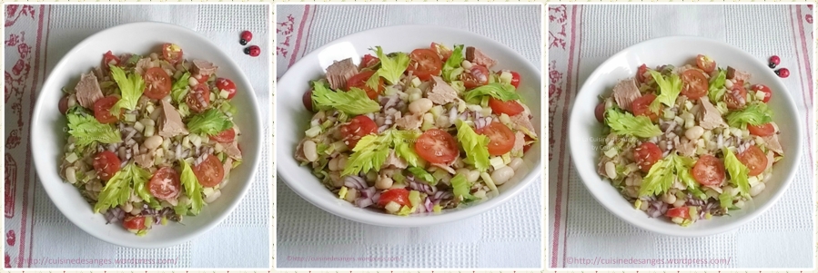 recette économique de salade composée avec des haricots blancs, des dés et des feuilles de céleri, des tomates cerises et du thon